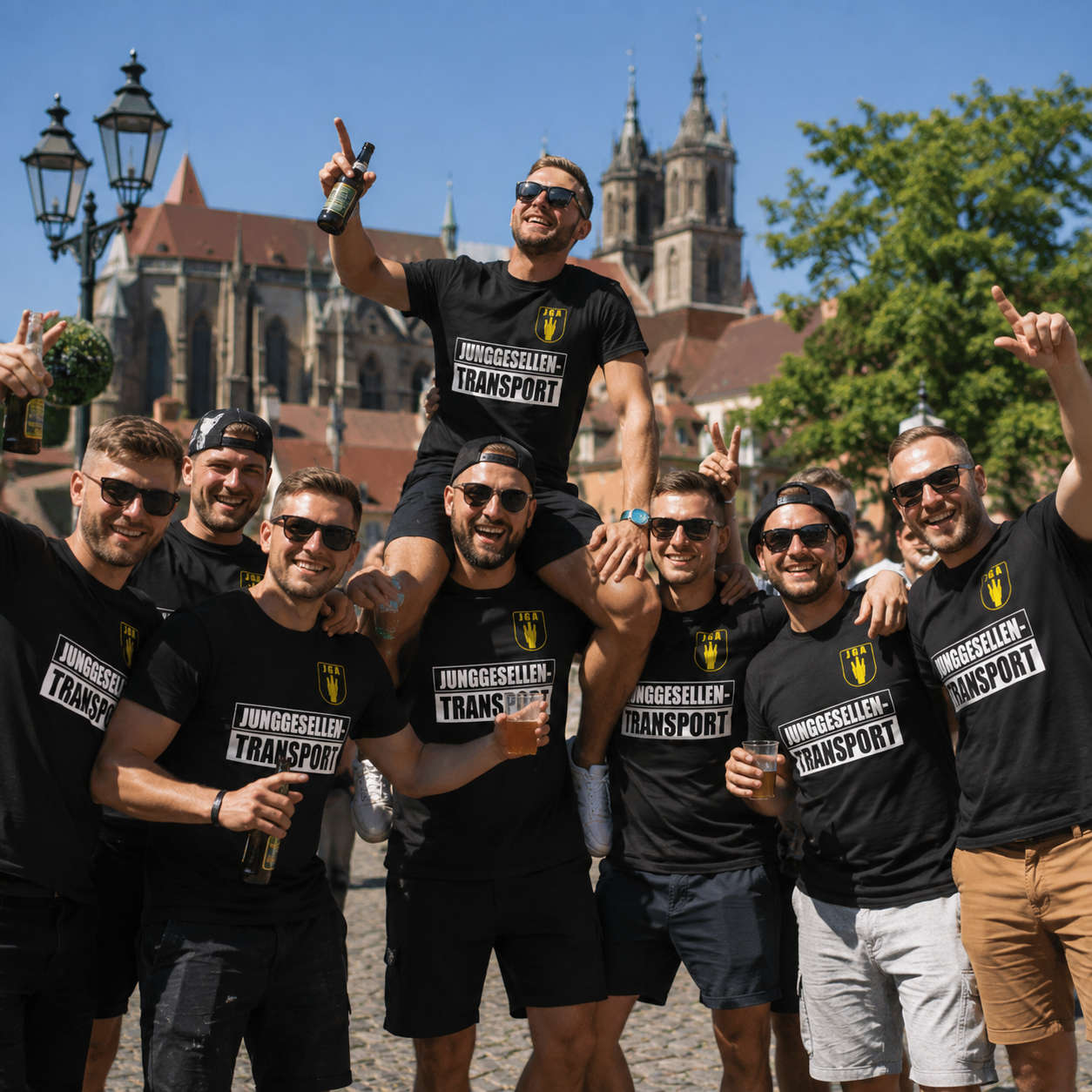 JGA Männergruppe mit schwarzen „Junggesellen-Transport“ Shirts beim Junggesellenabschied in der Stadt.