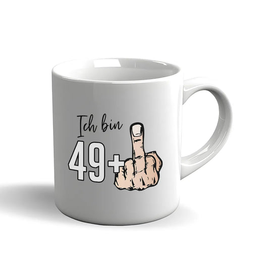 Witzige Tasse mit Spruch „Ich bin 49+ Mittelfinger“. Herren