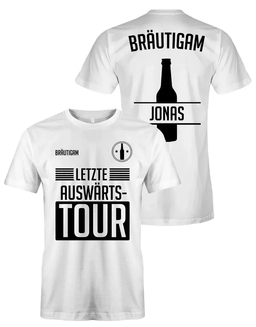 Weißes JGA-Shirt "Letzte Auswärtstour" mit schwarzem Aufdruck. Cooles Gruppen-Shirt für den Junggesellenabschied. Ideal für Party, Polterabend und Bräutigam-Team in Weiß
