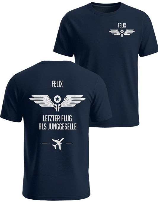 Letzter Flug als Junggeselle personalisiertes JGA Herren-T-Shirt für Bräutigam mit Airline Rückenmotiv in Navy