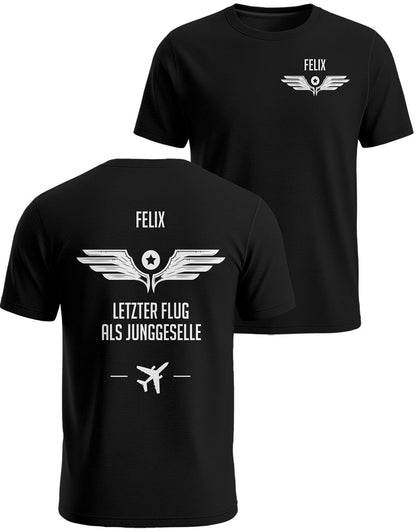 Letzter Flug als Junggeselle personalisiertes JGA Herren-T-Shirt für Bräutigam mit Airline Rückenmotiv in Schwarz