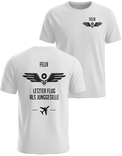 Letzter Flug als Junggeselle personalisiertes JGA Herren-T-Shirt für Bräutigam mit Airline Rückenmotiv in Weiß