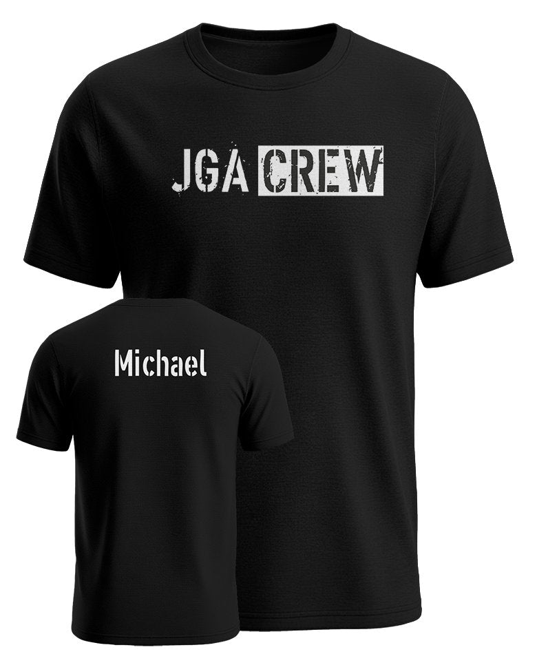 JGA Crew T-Shirt Männer personalisiert mit Wunschname auf dem Rücken - Schwarz