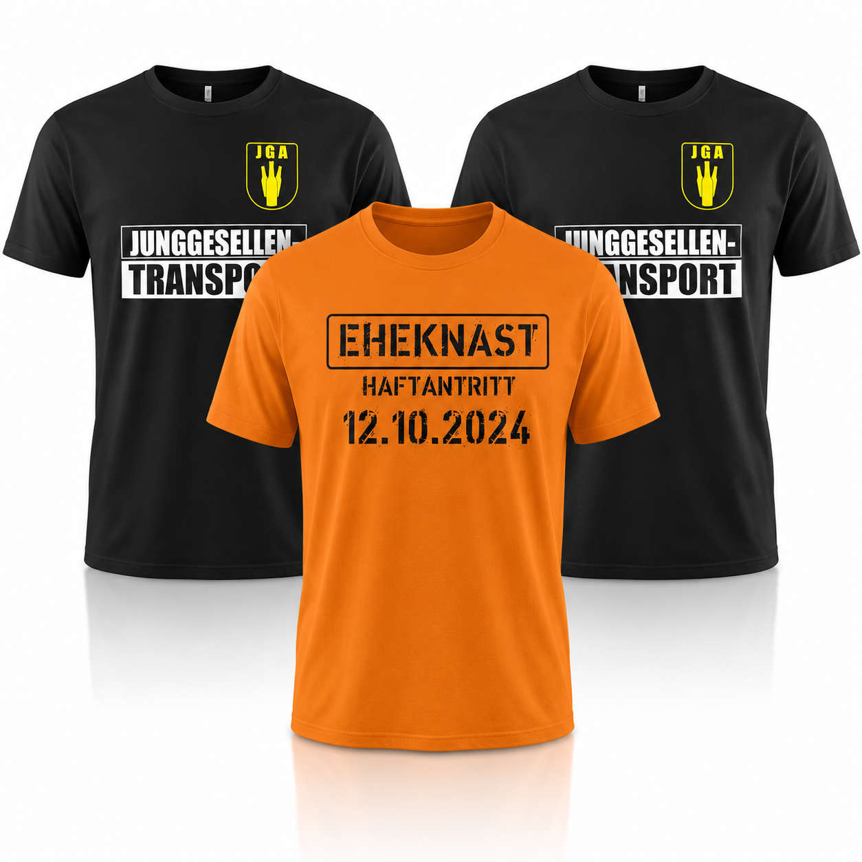 JGA Shirt Set für Männer mit orangenem Eheknast Shirt für den Bräutigam und schwarzen Junggesellen-Transport Shirts für die Gruppe.