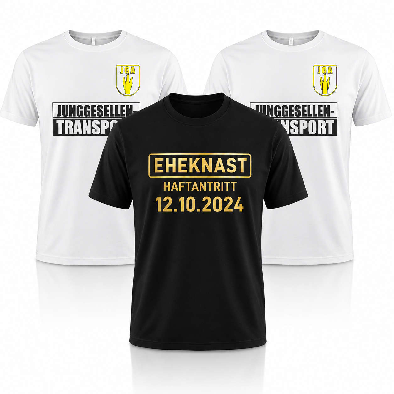 JGA Shirt Set für Männer mit schwarzem Eheknast Shirt für den Bräutigam und weißen Junggesellen-Transport Shirts für die Gruppe.