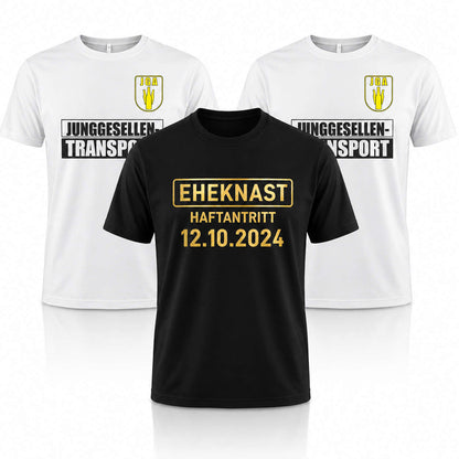 JGA Shirt Set für Männer mit schwarzem Eheknast Shirt für den Bräutigam und weißen Junggesellen-Transport Shirts für die Gruppe.