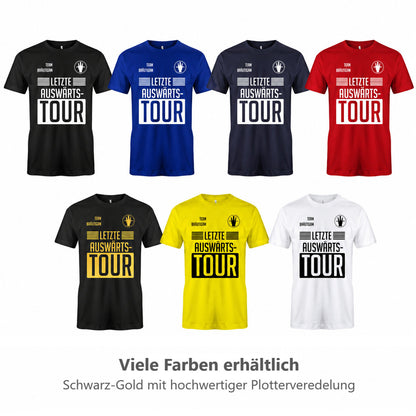 JGA Shirts für Männer mit „Letzte Auswärtstour“ Motiv, personalisiertem Namen auf dem Rücken und Fußball Trikot Design in mehreren Farben.
