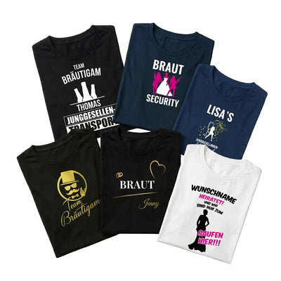 JGA T-Shirts personalisiert für Braut Bräutigam und Team Crew