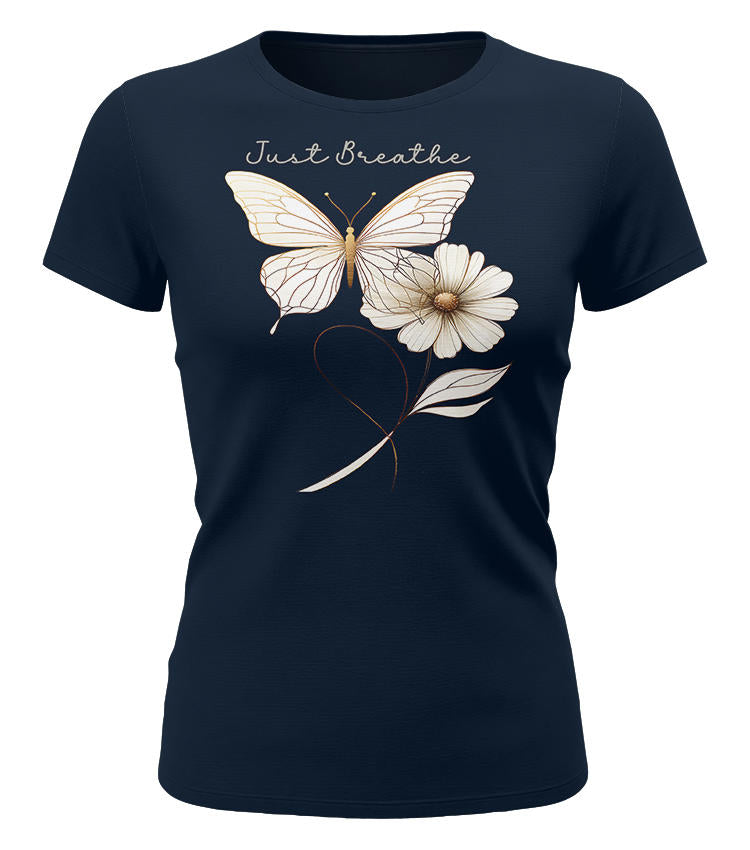 navy damen t shirt just breathe yoga meditation schmetterling blume elegantes frauen shirt