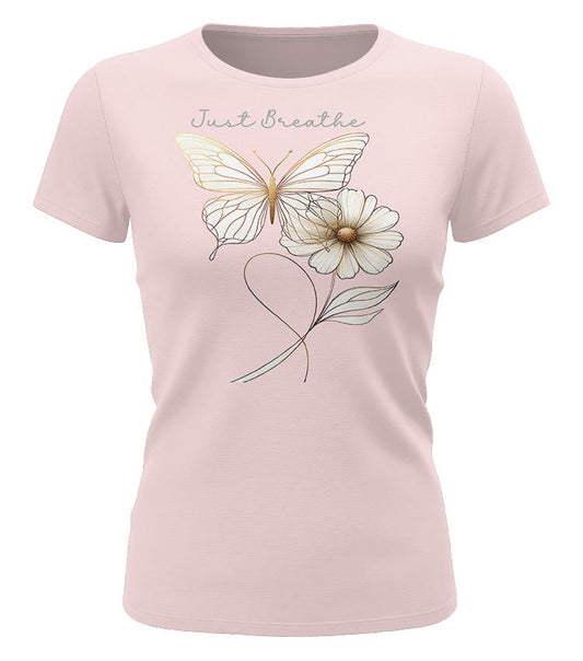 rosa damen t shirt just breathe yoga meditation schmetterling blume achtsamkeit shirt frauen