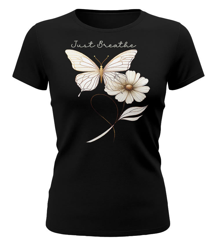 schwarzes damen t shirt just breathe yoga meditation schmetterling blume minimalistisches shirt