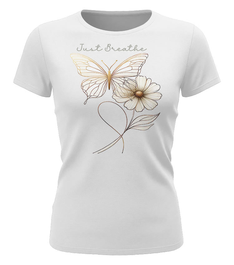weißes damen t shirt just breathe yoga meditation schmetterling blume ruhiges design frauen