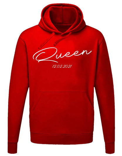 King and Queen Script Partner Couple Hoodie with Date – Queen