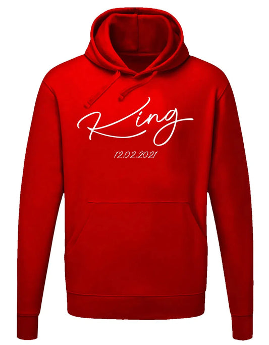 King und Queen Schreibschrift Partner Couple Hoodie mit Datum