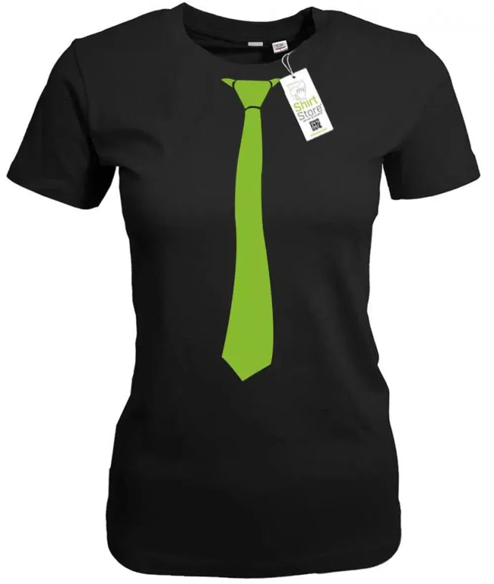 Krawatte-Sportlich-Damen-T-Shirt schwarz krawatte grün