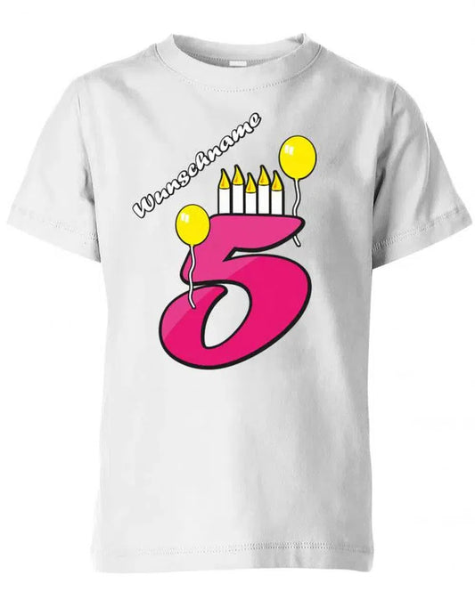 Luftballon und Kerzen mit Wunschname - 5. Geburtstag 5 - Mädchen - Kinder T-Shirt