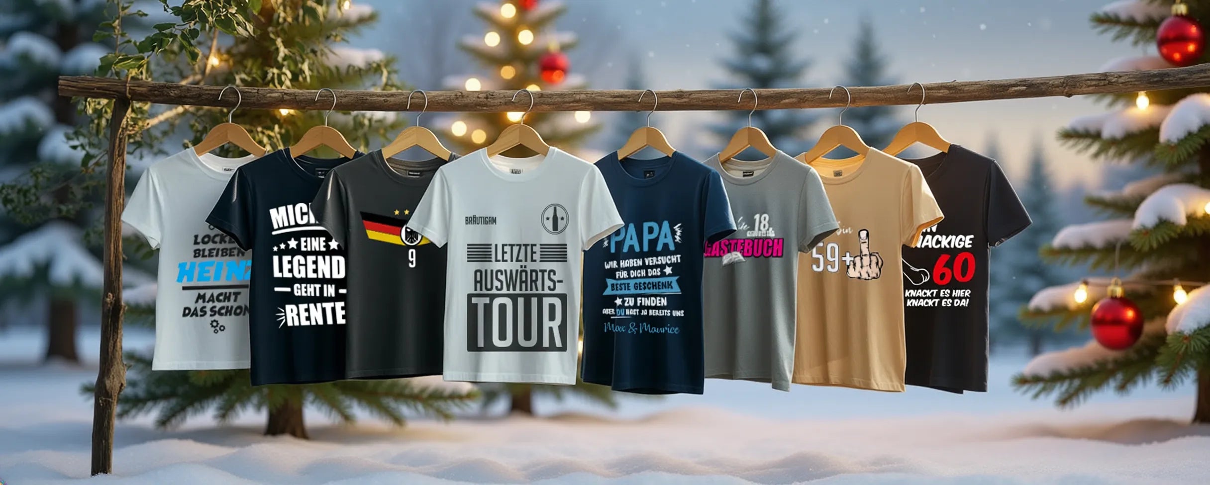 Lustige T-Shirts und Hoodies für Weihnachten – Geschenkideen für Männer und Frauen mit Sprüchen zu JGA, Geburtstag und Rente, kreative Fun-Shirts im winterlichen Design mit Weihnachtsbaum und Schnee.