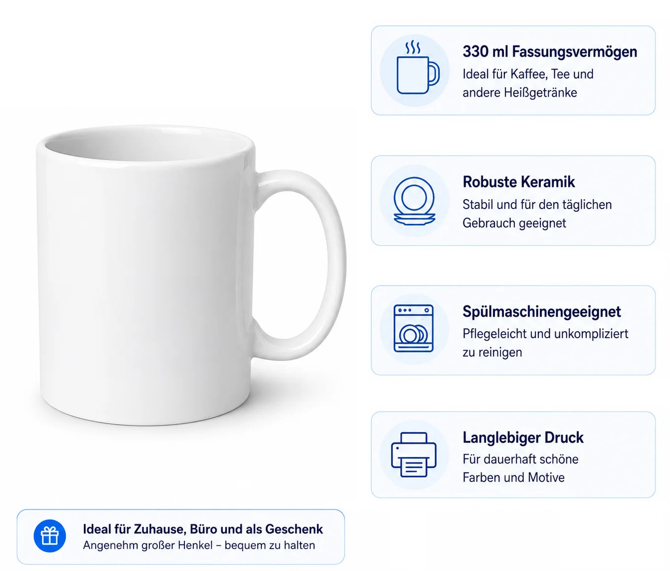 Weiße Keramik Tasse 330ml – Spülmaschinenfest mit langlebigem Druck