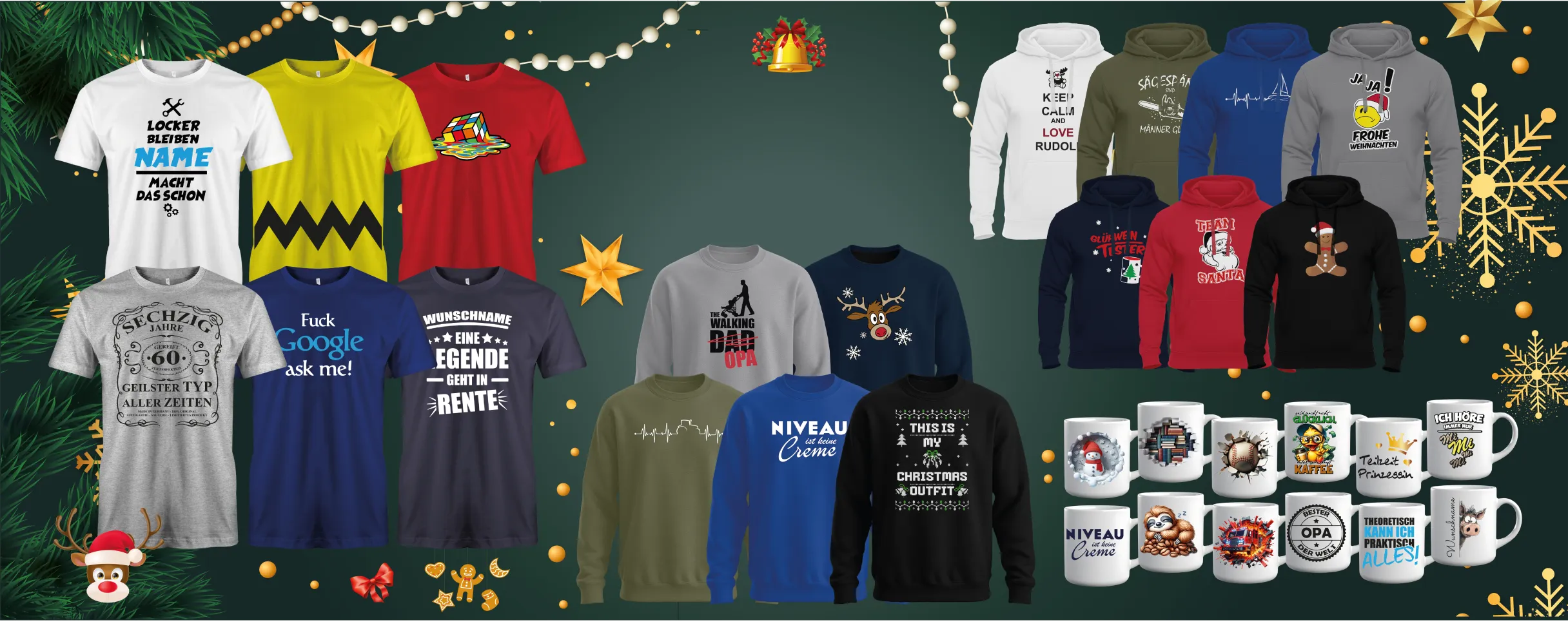 Collage aus weihnachtlichen T-Shirts, Hoodies, Pullover und Tassen mit lustigen Sprüchen und Motiven von myshirtstore.de