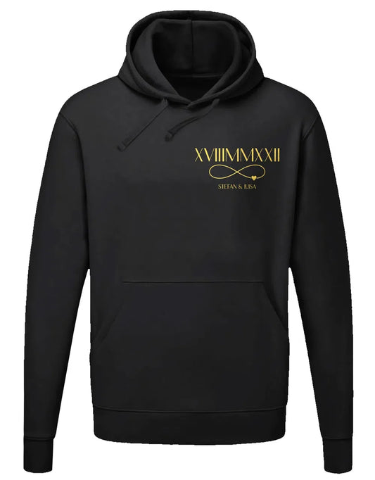 Pärchen Hoodie Römisches Datum Unendlich Zeichen Herz personalisiert mit Namen