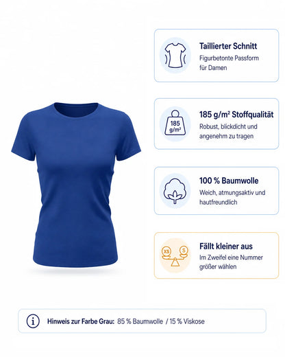 Damen T-Shirt Material und taillierter Schnitt Übersicht – 185g Baumwolle