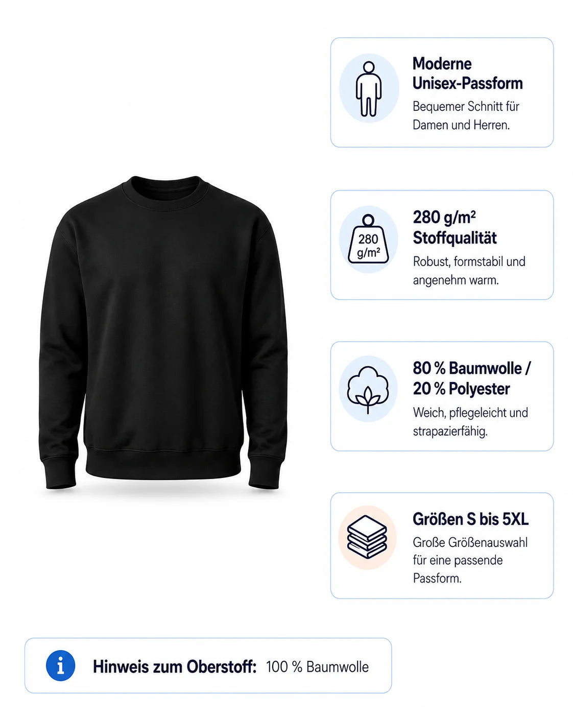 Unisex Pullover Material und Passform Übersicht – 280g robuster Sweatstoff