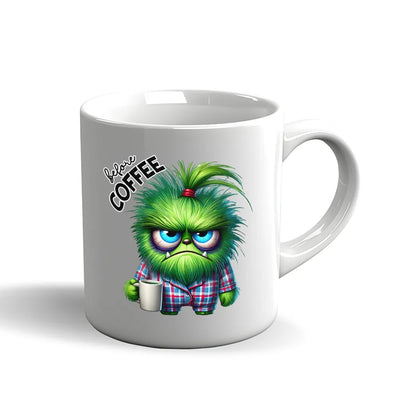Doppelmotiv Tasse – Plüschmonster Vor dem Kaffee