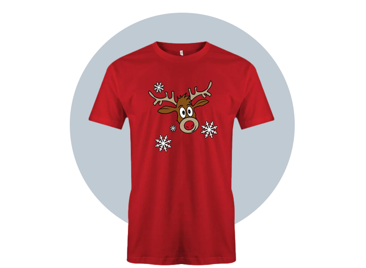 weihnachtliches t shirt bedrucken. Rudolf das Renntier auf dem T shirt. Perfektes Geschenk zu weihnachten. lustiges weihnachtsgeschenk