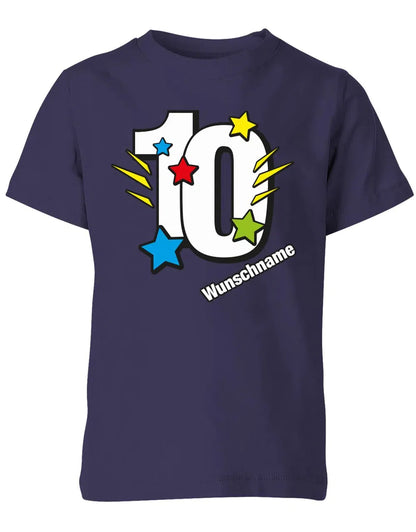 T-Shirt 10 Geburtstag Bunte Sterne mit einer großen 10 personalisiert mit Name