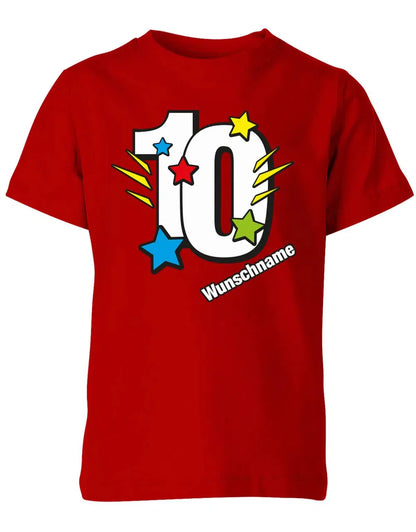 T-Shirt 10 Geburtstag Bunte Sterne mit einer großen 10 personalisiert mit Name