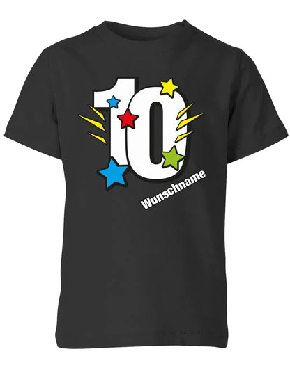 T-Shirt 10 Geburtstag Bunte Sterne mit einer großen 10 personalisiert mit Name