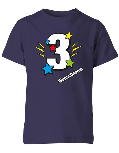 T-Shirt 3 Geburtstag Bunte Sterne mit einer großen 3 personalisiert mit Name