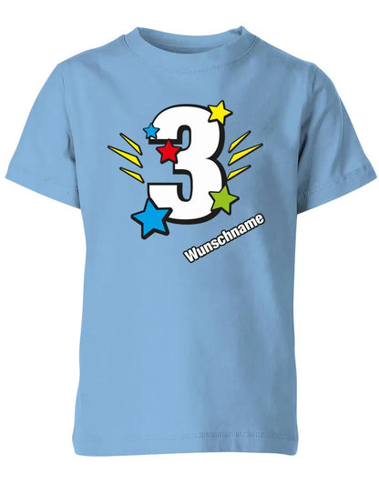 T-Shirt 3 Geburtstag Bunte Sterne mit einer großen 3 personalisiert mit Name
