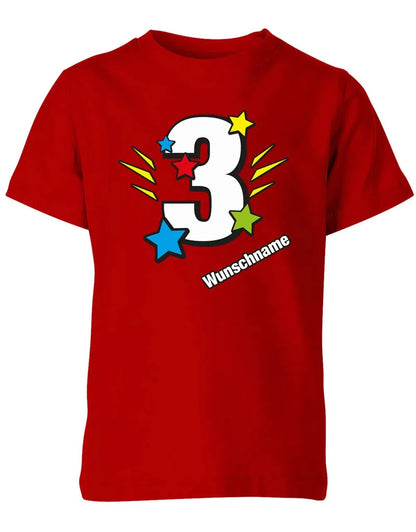 T-Shirt 3 Geburtstag Bunte Sterne mit einer großen 3 personalisiert mit Name