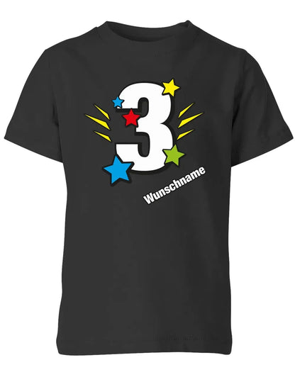 T-Shirt 3 Geburtstag Bunte Sterne mit einer großen 3 personalisiert mit Name