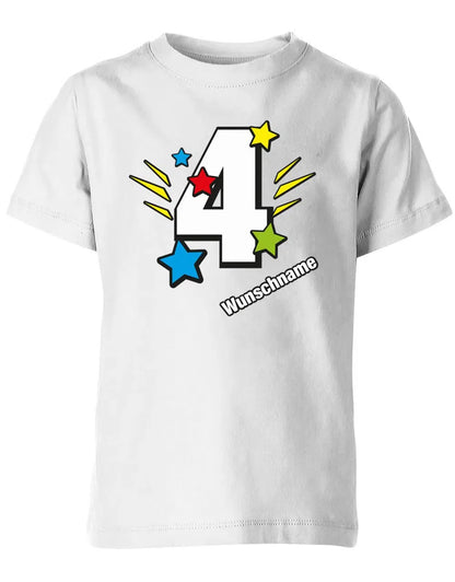 T-Shirt 4 Geburtstag Bunte Sterne mit einer großen 4 personalisiert mit Name