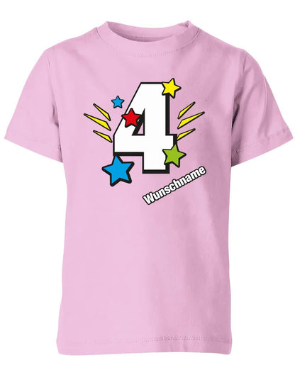 T-Shirt 4 Geburtstag Bunte Sterne mit einer großen 4 personalisiert mit Name