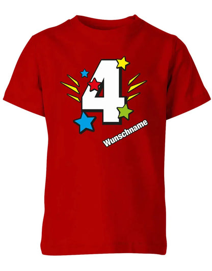T-Shirt 4 Geburtstag Bunte Sterne mit einer großen 4 personalisiert mit Name
