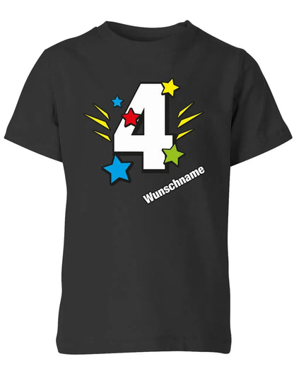 T-Shirt 4 Geburtstag Bunte Sterne mit einer großen 4 personalisiert mit Name