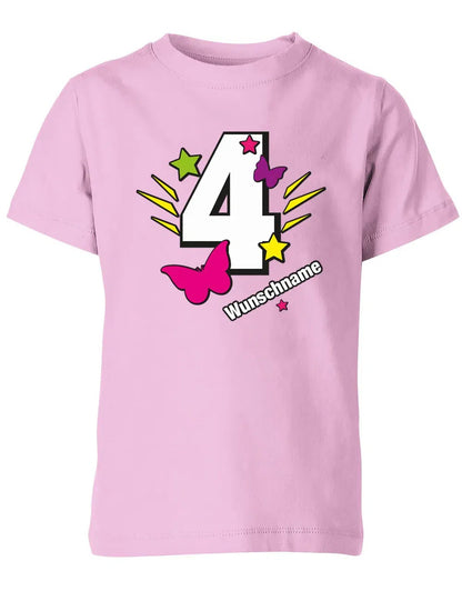 T-Shirt 4 Geburtstag Schmetterlinge und Sterne mit einer großen 4 personalisiert mit Name