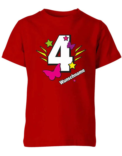 T-Shirt 4 Geburtstag Schmetterlinge und Sterne mit einer großen 4 personalisiert mit Name