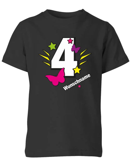 T-Shirt 4 Geburtstag Schmetterlinge und Sterne mit einer großen 4 personalisiert mit Name