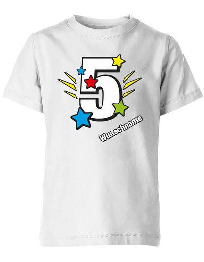 T-Shirt 5 Geburtstag Bunte Sterne mit einer großen 5 personalisiert mit Name