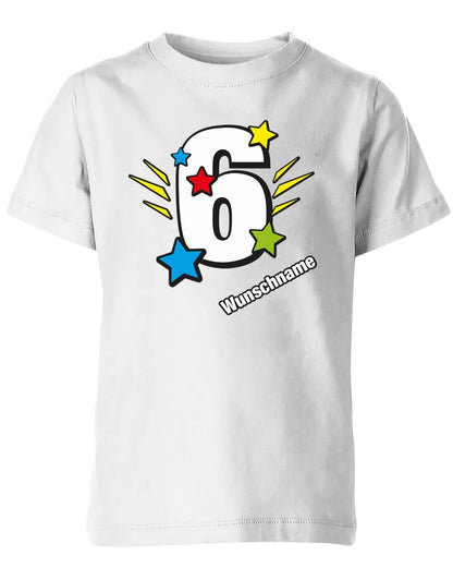 T-Shirt 6 Geburtstag Bunte Sterne mit einer großen 6 personalisiert mit Name