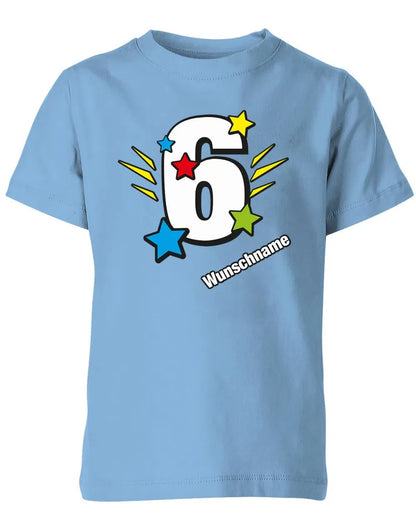 T-Shirt 6 Geburtstag Bunte Sterne mit einer großen 6 personalisiert mit Name