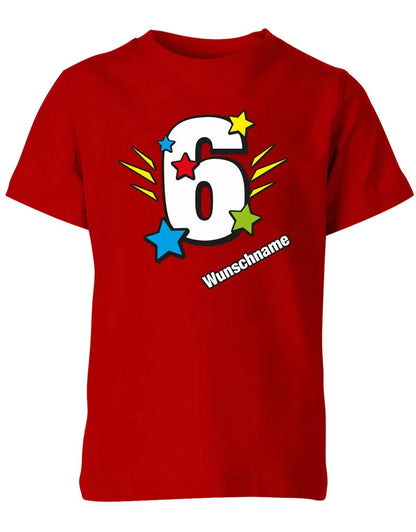 T-Shirt 6 Geburtstag Bunte Sterne mit einer großen 6 personalisiert mit Name