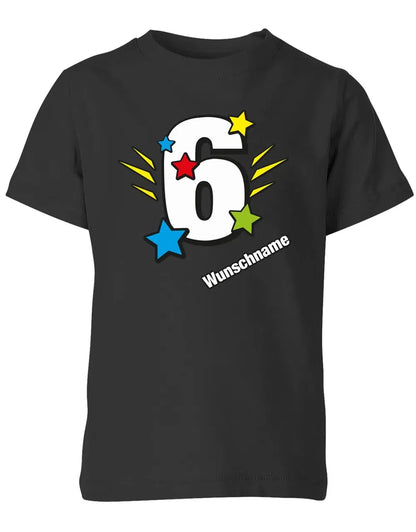 T-Shirt 6 Geburtstag Bunte Sterne mit einer großen 6 personalisiert mit Name