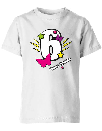 T-Shirt 6 Geburtstag Schmetterlinge und Sterne mit einer großen 6 personalisiert mit Name