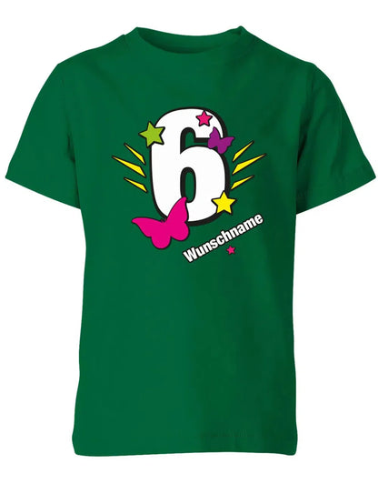 T-Shirt 6 Geburtstag Schmetterlinge und Sterne mit einer großen 6 personalisiert mit Name