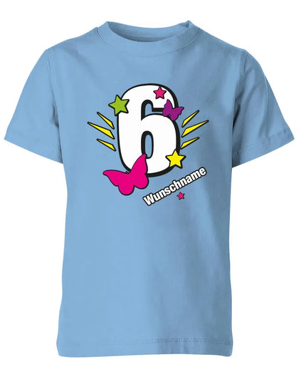 T-Shirt 6 Geburtstag Schmetterlinge und Sterne mit einer großen 6 personalisiert mit Name